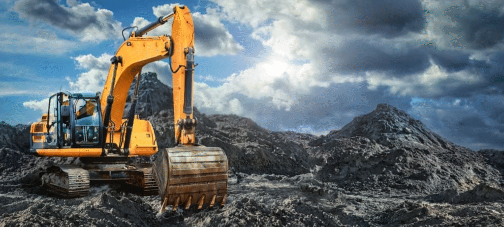 Excavator working on a mountain, surrounded by rocky terrain and vegetation, showcasing construction activity in a natural setting.